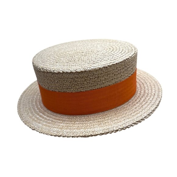Vtg 30s 40s Ponte Rialto Italian Straw Boater Hat Orange Ribbon Band Sz 7 56 - Picture 2 of 9